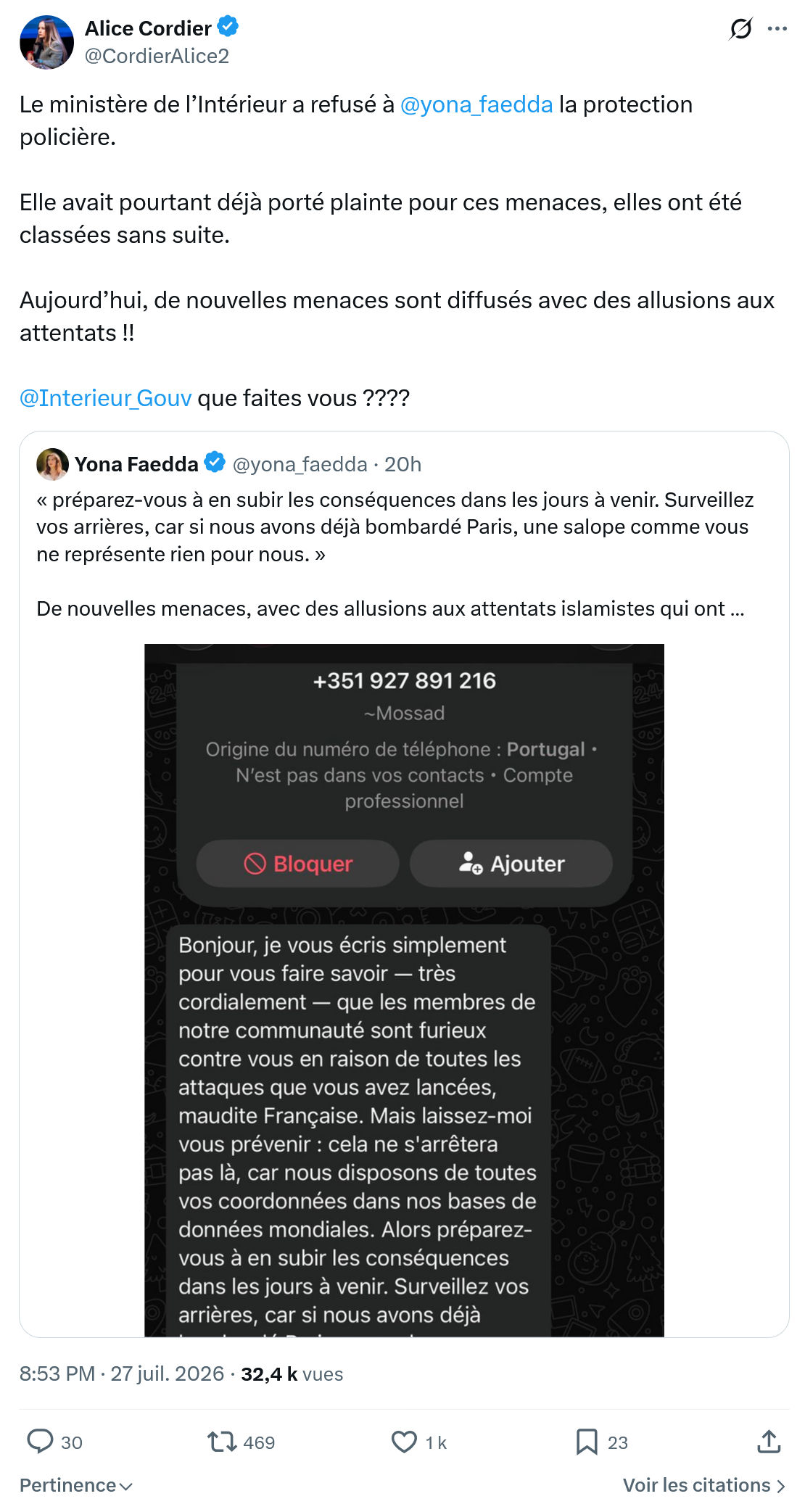 Alice Cordier: Le ministère de l’Intérieur...