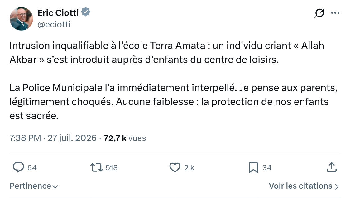 Éric Ciotti: Intrusion inqualifiable à l’école Terra Amata...