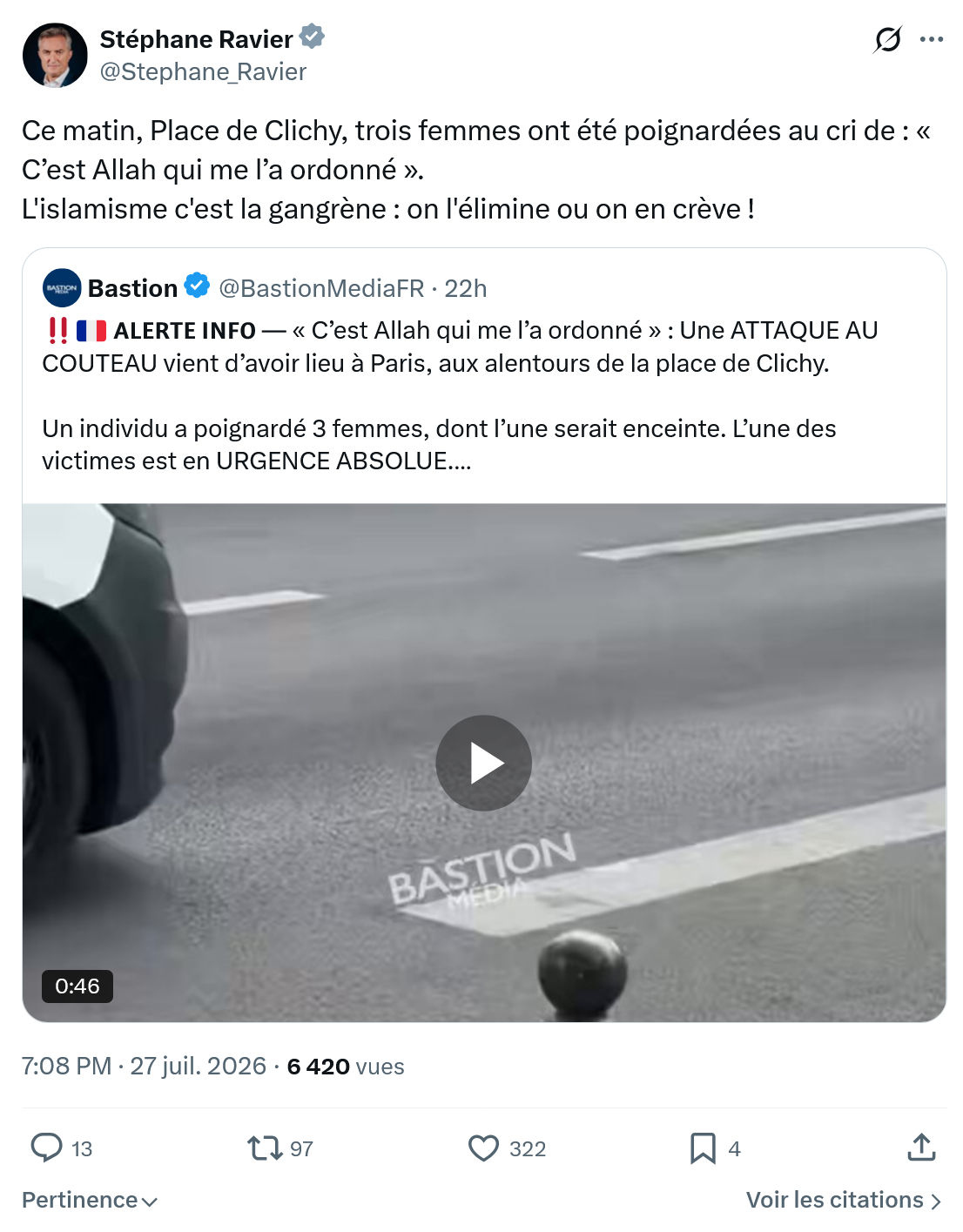 Stéphane Ravier: Ce matin, Place de Clichy...