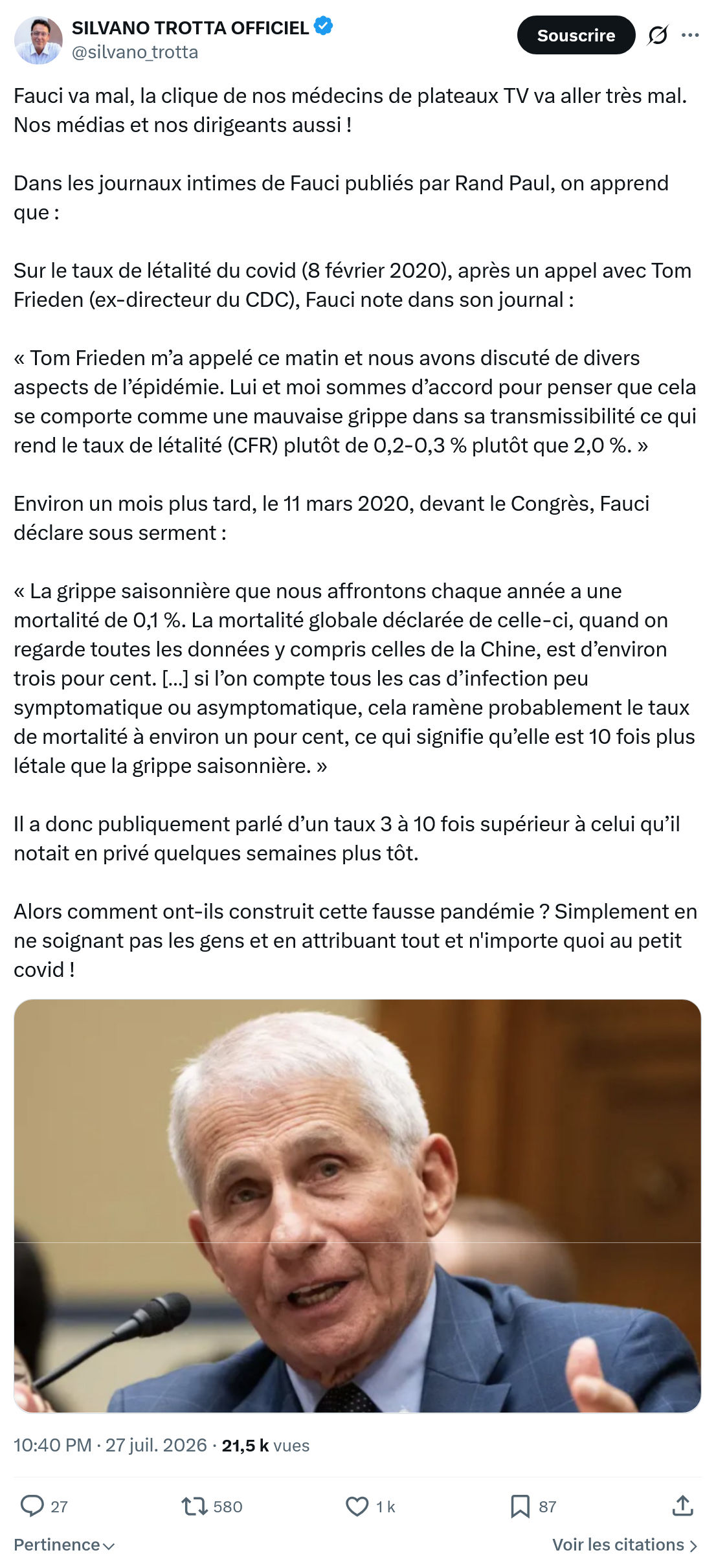 Silvano Trotta: Fauci va mal, la clique de nos médecins...