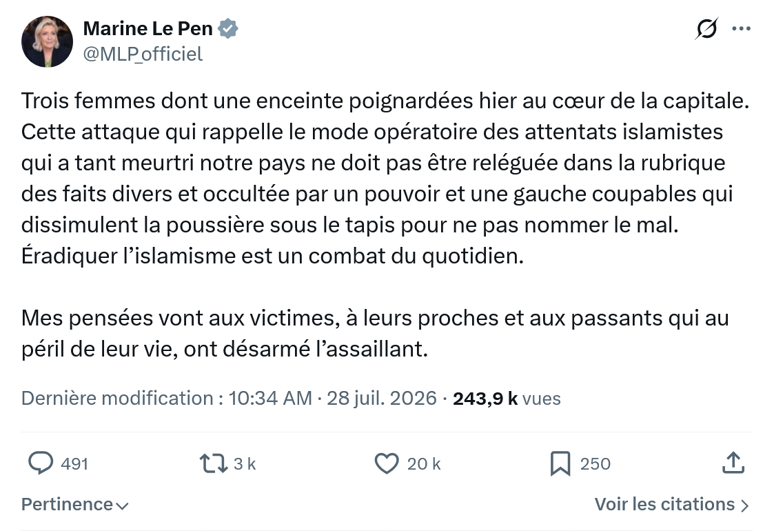 Marine Le Pen: Trois femmes dont une enceinte poignardées...