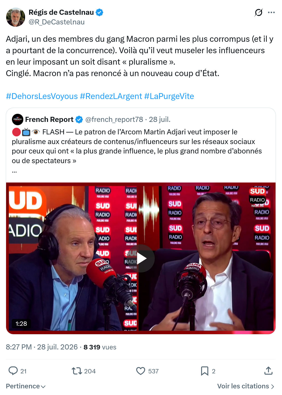 Régis de Castelnau: Adjari, un des membres du gang Macron...