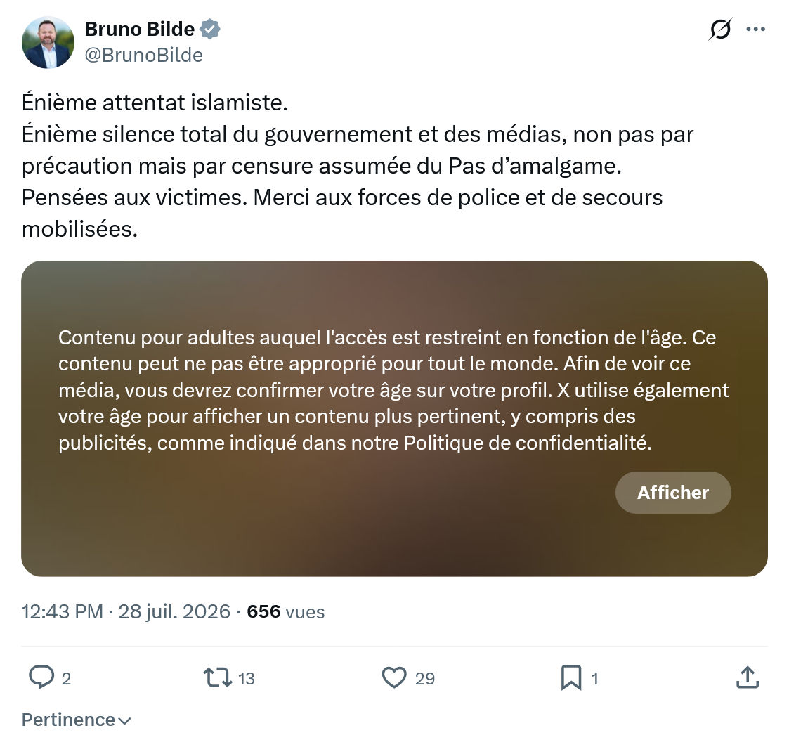 Bruno Bilde: Énième attentat islamiste...