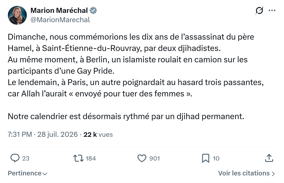 Marion Maréchal- Le Pen: Dimanche, nous commémorions...