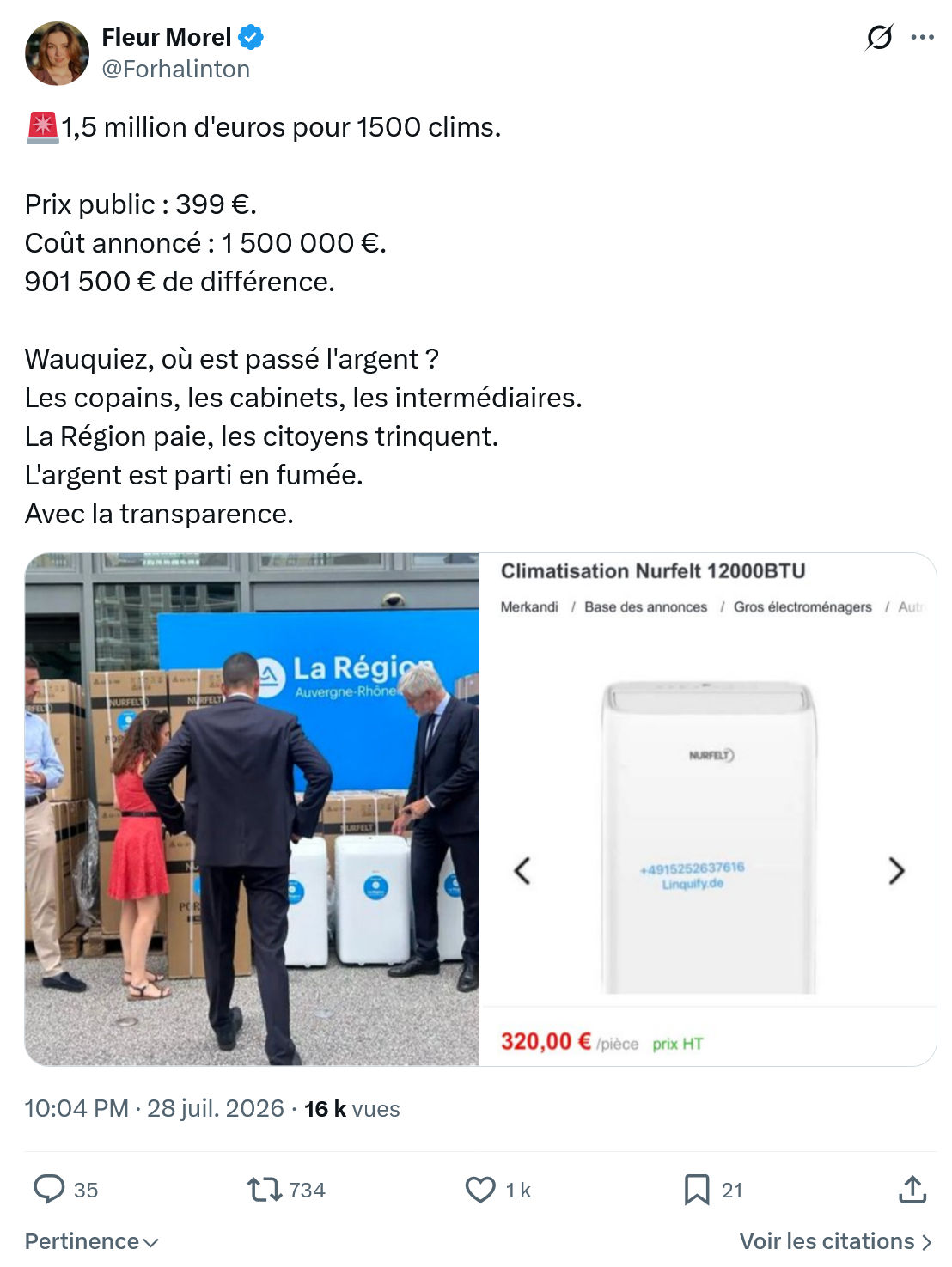 Fleur Morel: 1,5 million d'euros pour 1500 clims...