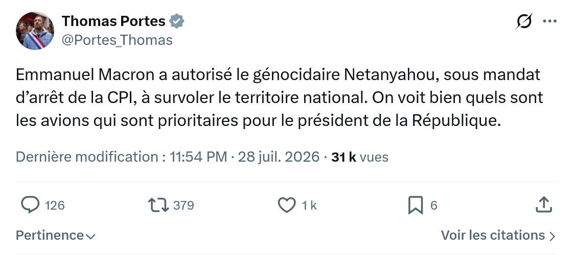 Thomas Portes: Emmanuel Macron a autorisé le génocidaire Netanyahou...