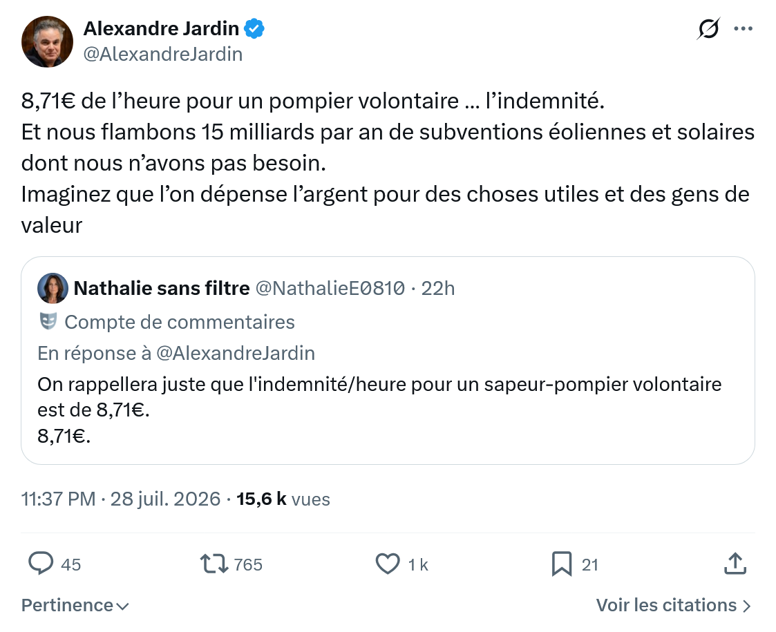 Alexandre Jardin: 8,71€ de l’heure pour un pompier volontaire...