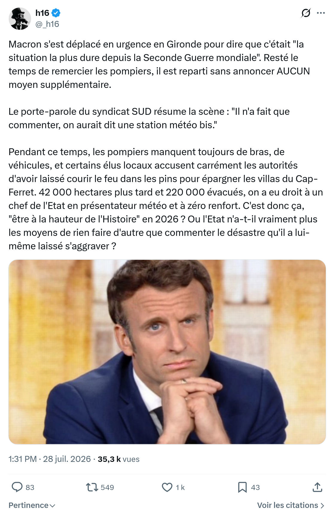 h16: Macron s'est déplacé en urgence...