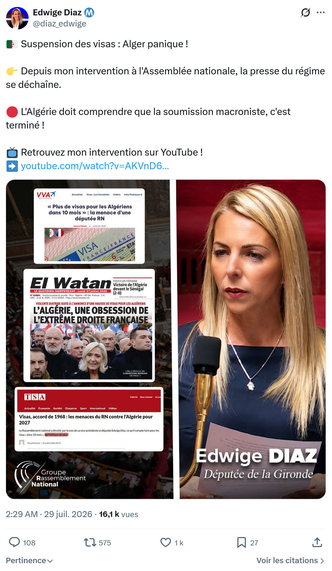 Edwige Diaz: Suspension des visas...