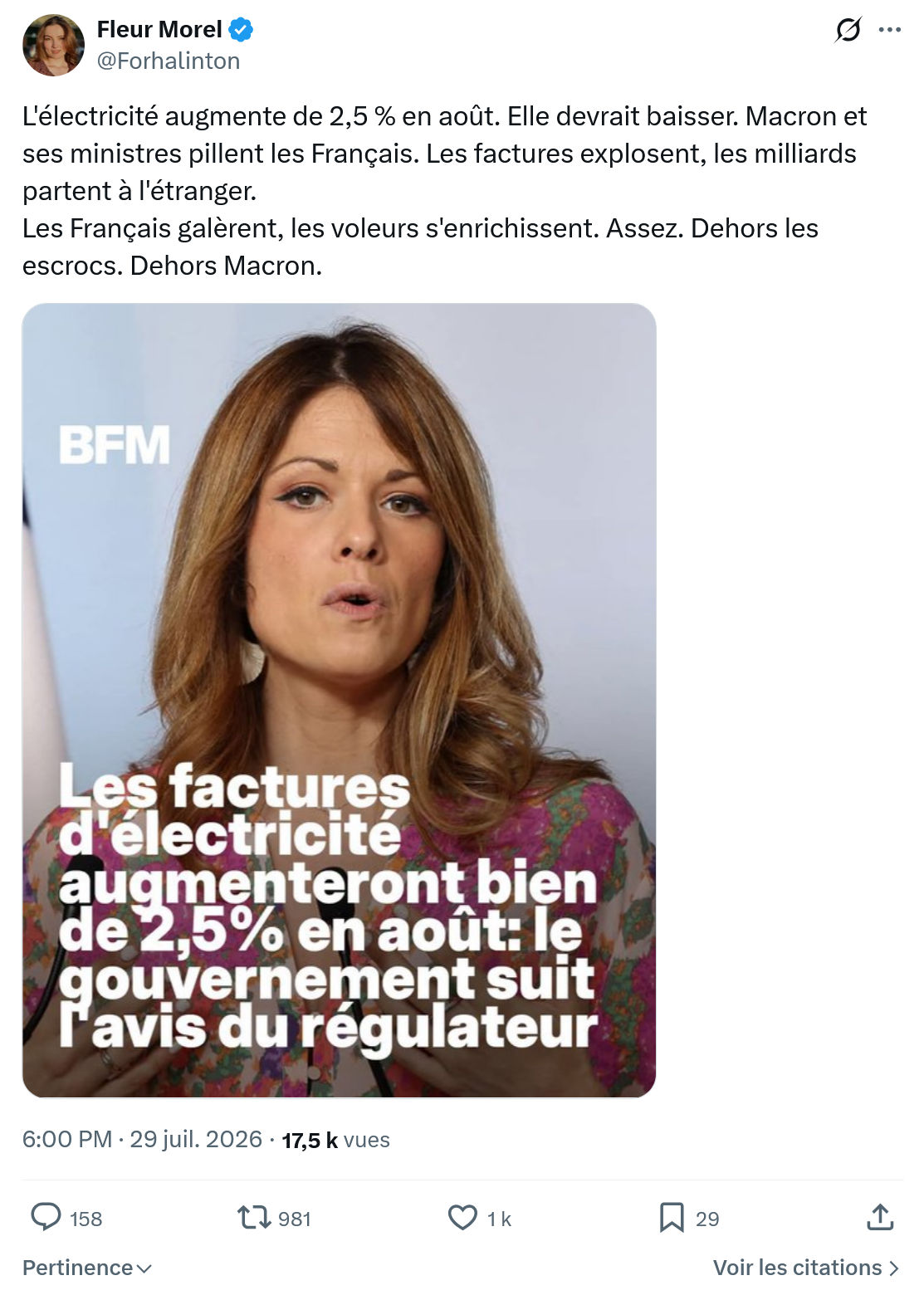 Fleur Morel: L'électricité augmente de 2,5 % en août...
