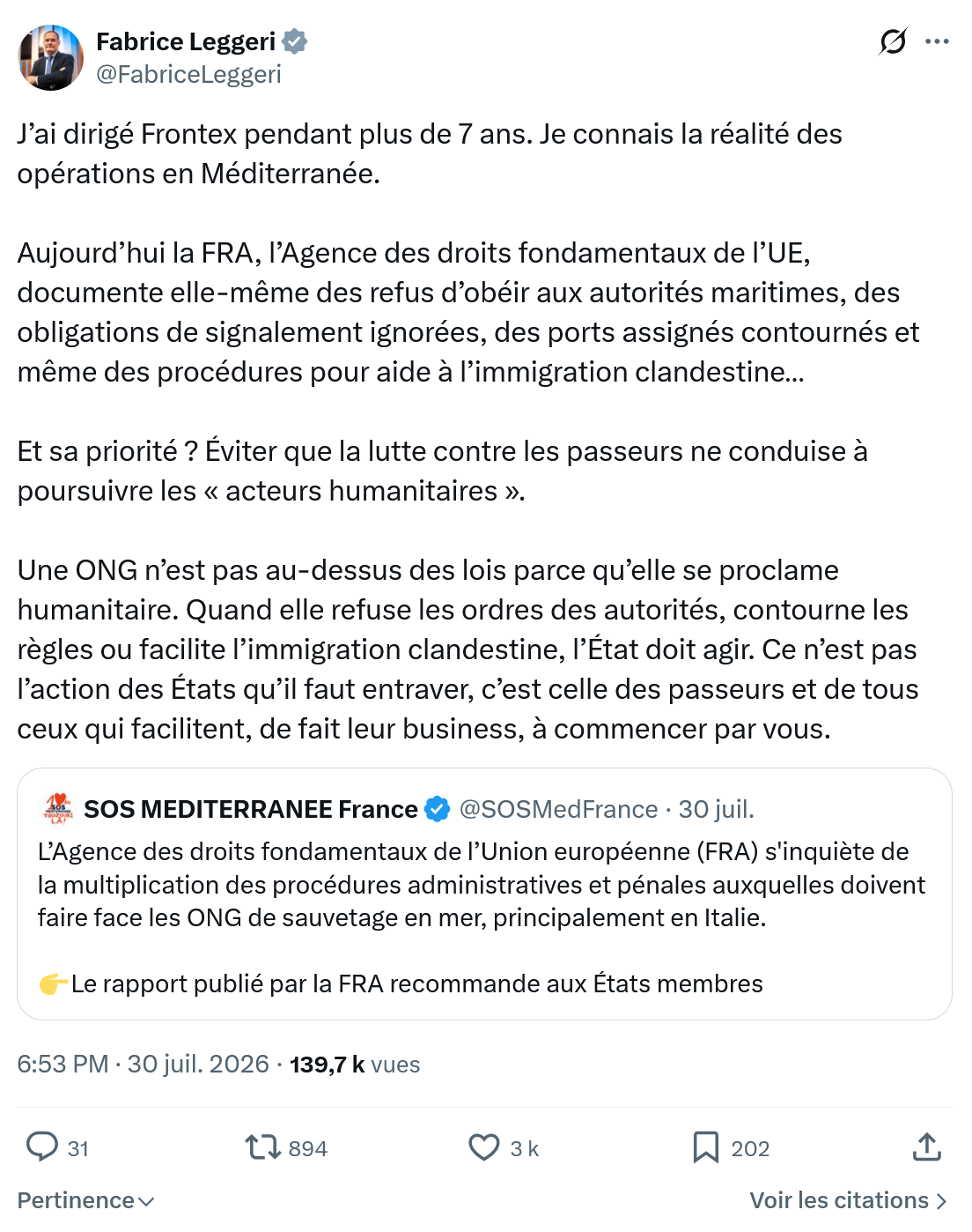 Fabrice Leggeri: J’ai dirigé Frontex pendant...