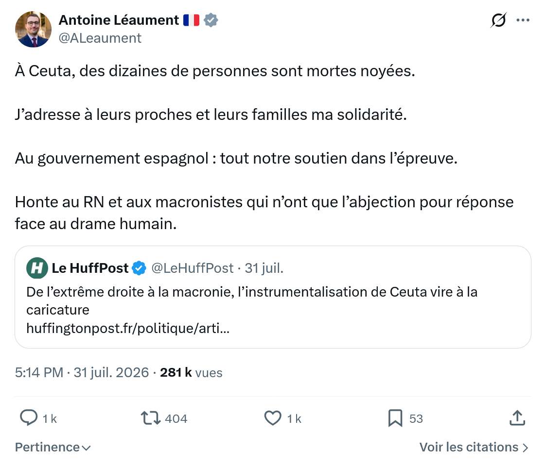Antoine Léaument: À Ceuta, des dizaines...