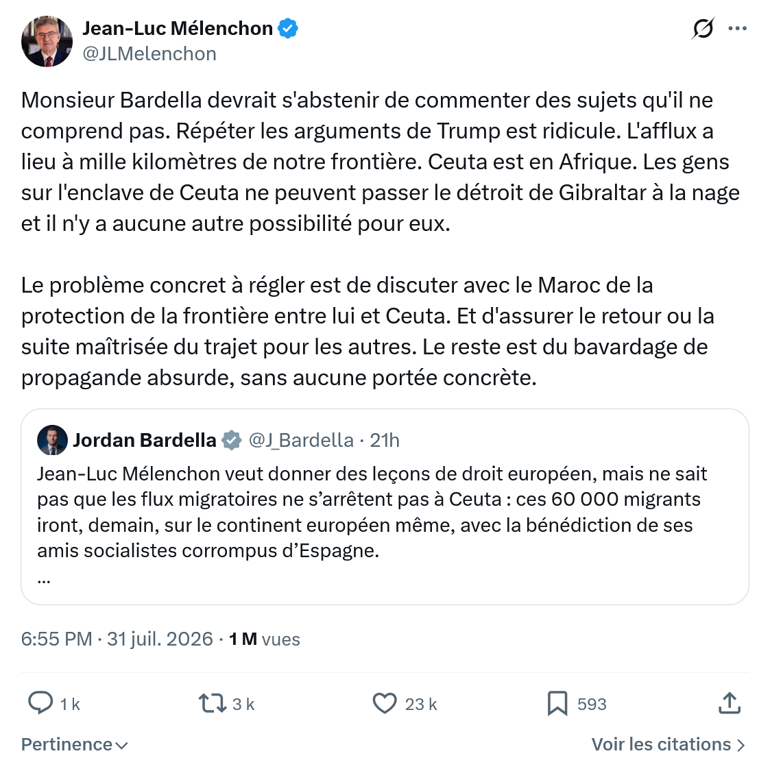 Jean-Luc Mélenchon: Monsieur Bardella devrait s'abstenir...