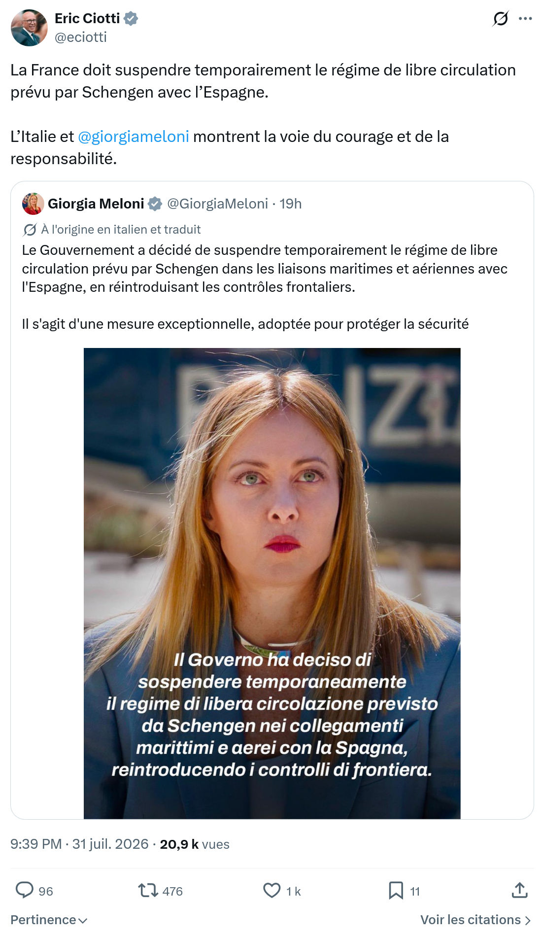 Éric Ciotti: La France doit suspendre temporairement...
