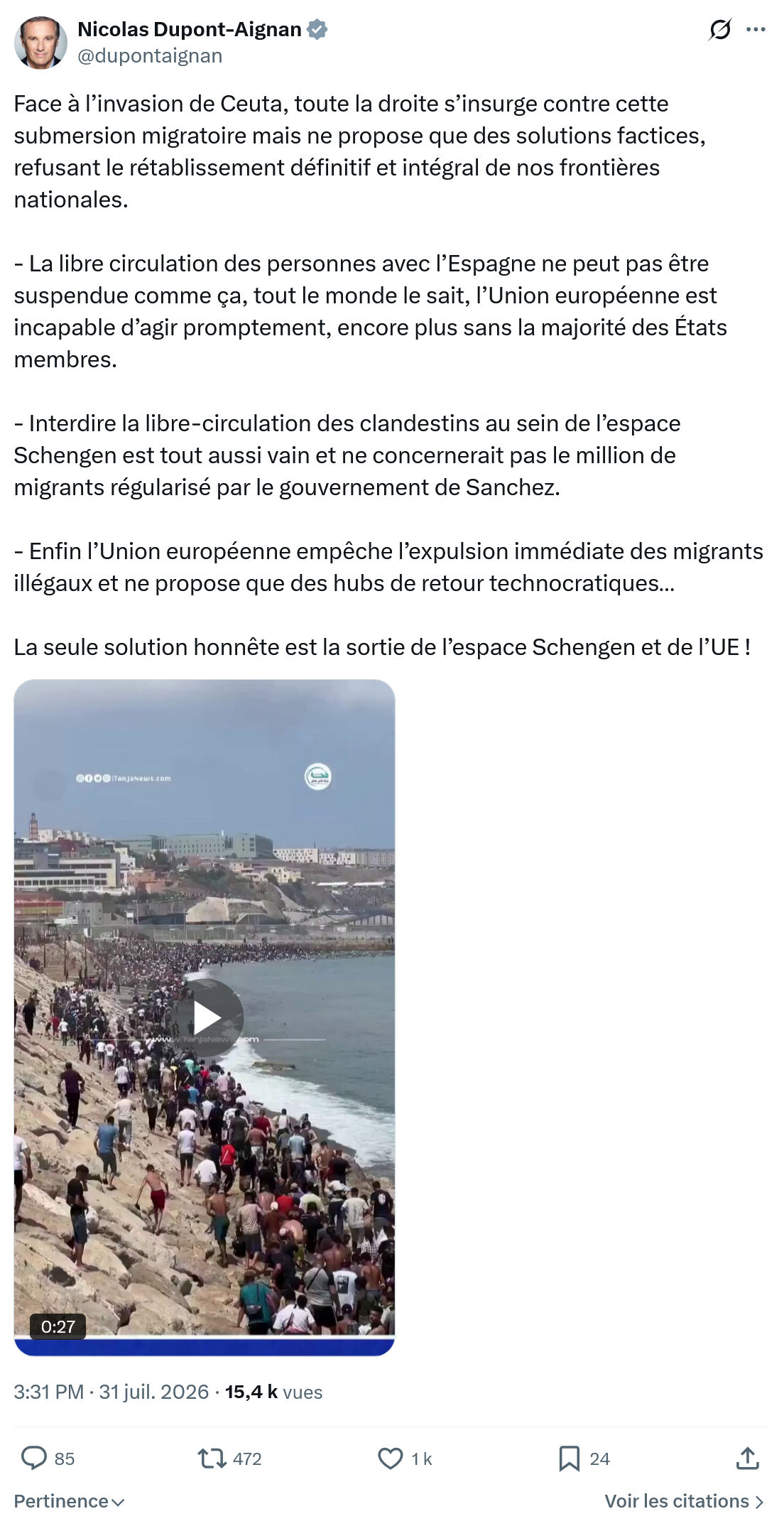 Nicolas Dupont-Aignan: Face à l’invasion de Ceuta...