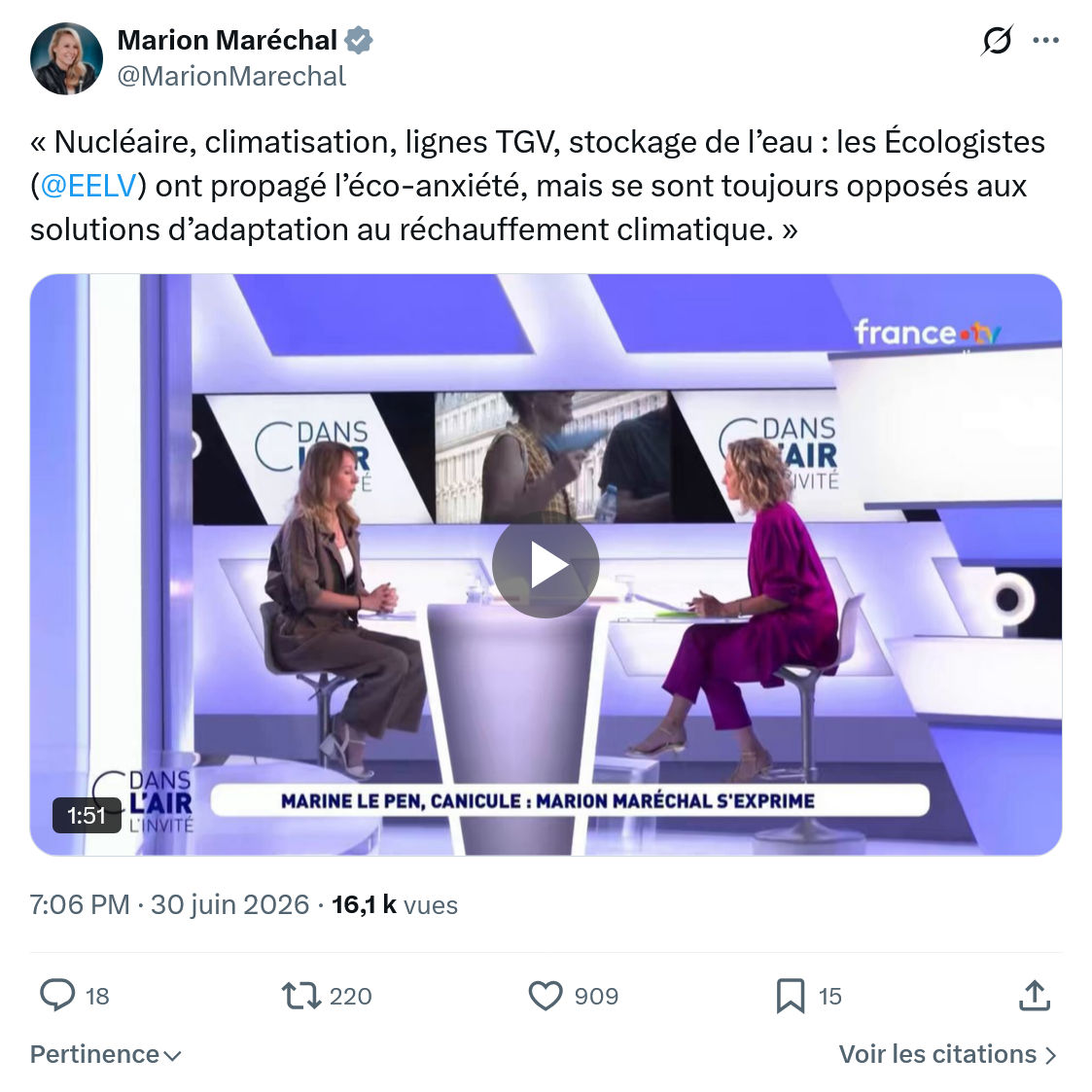 Marion Maréchal- Le Pen: Nucléaire, climatisation...