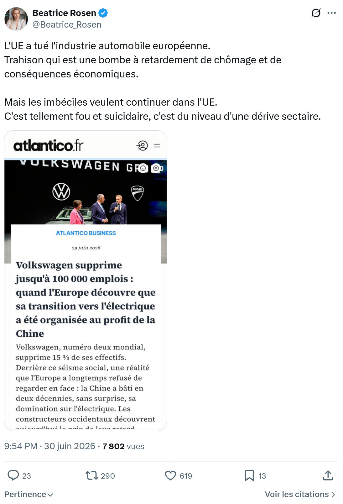 Béatrice Rosen: L'UE a tué l'industrie automobile européenne...