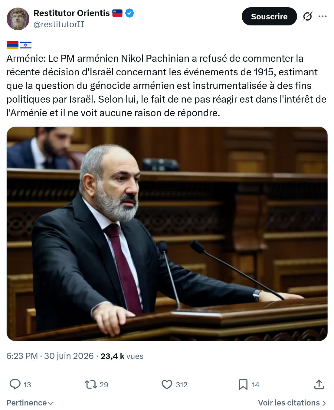 Restitutor Orientis: Arménie: Le PM arménien Nikol Pachinian...