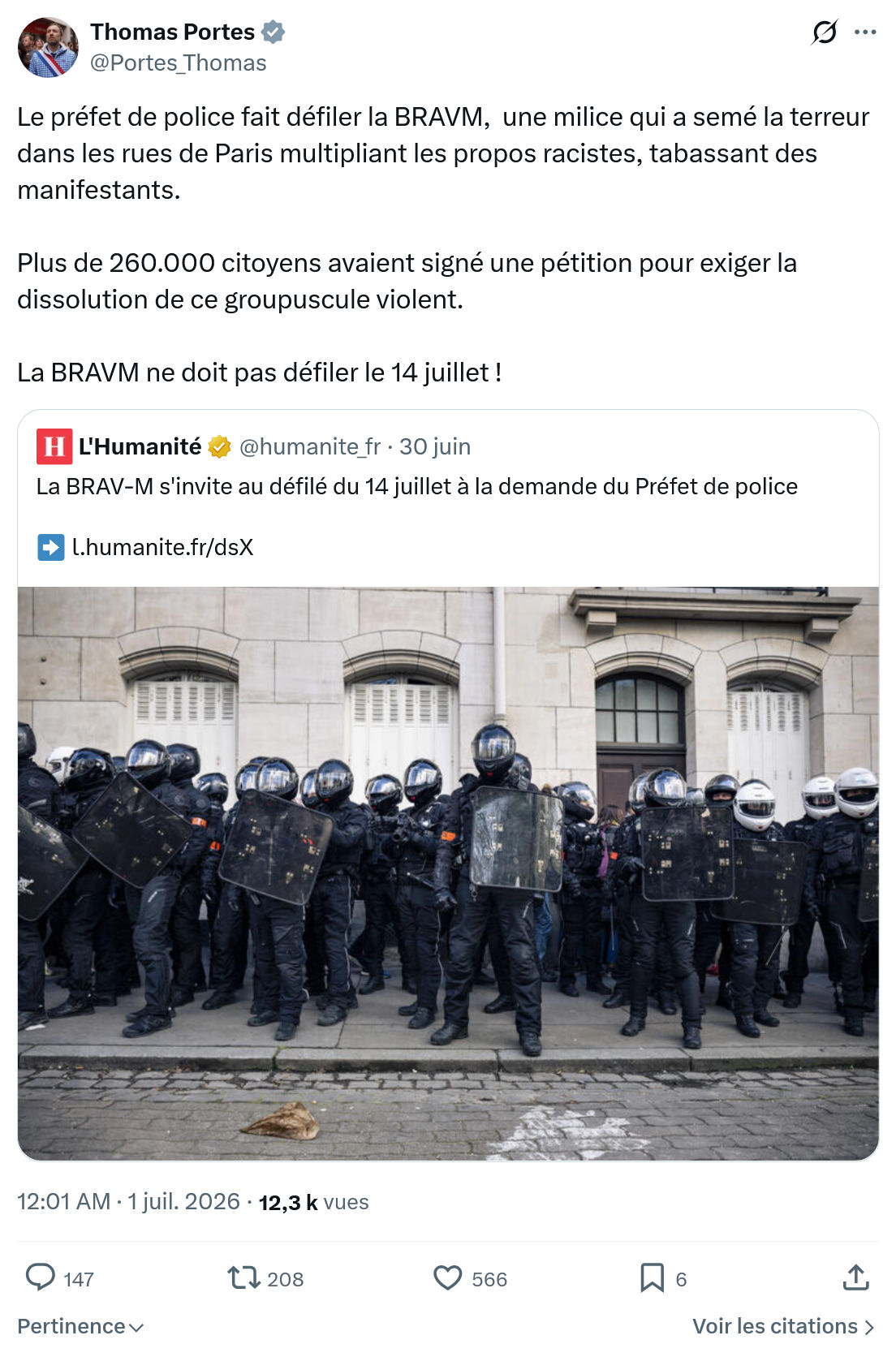 Thomas Portes: Le préfet de police fait défiler la BRAVM...