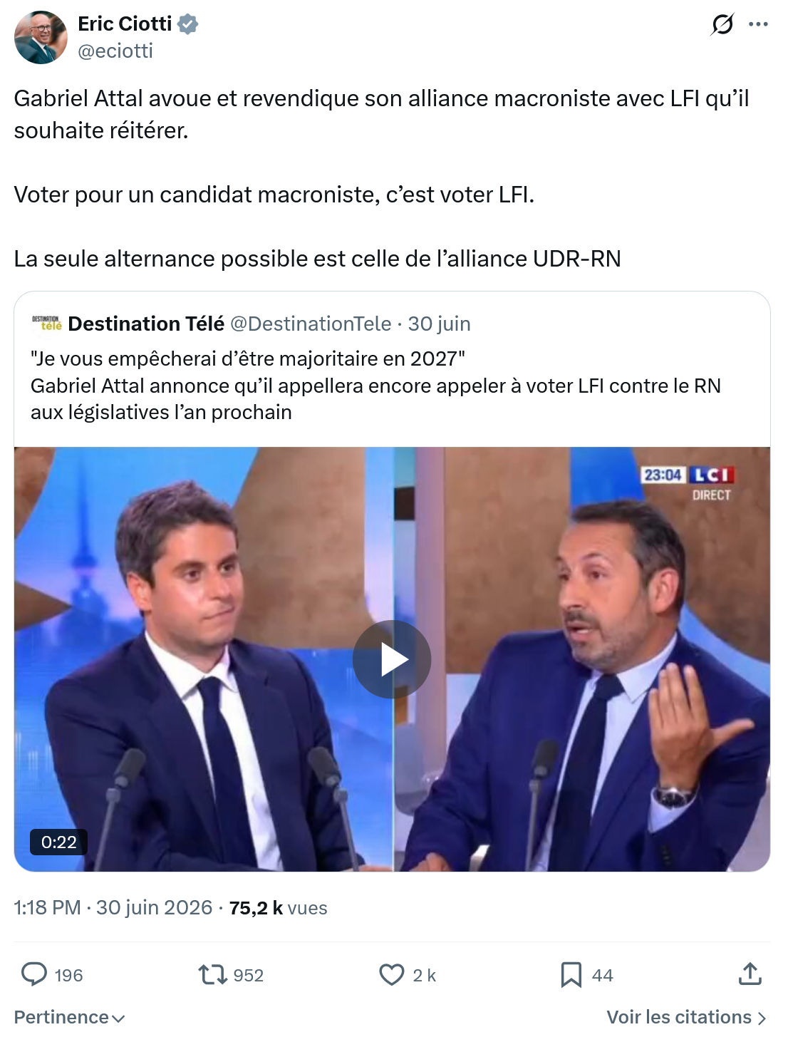 Éric Ciotti: Gabriel Attal avoue...