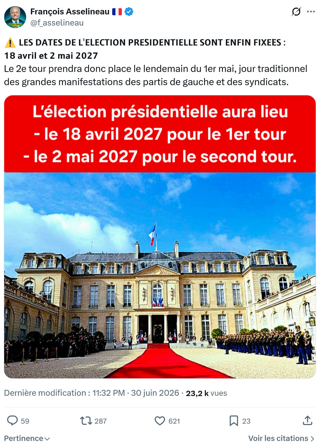 Francois Asselineau: 𝗟𝗘𝗦 𝗗𝗔𝗧𝗘𝗦 𝗗𝗘 𝗟'𝗘́𝗟𝗘𝗖𝗧𝗜𝗢𝗡...