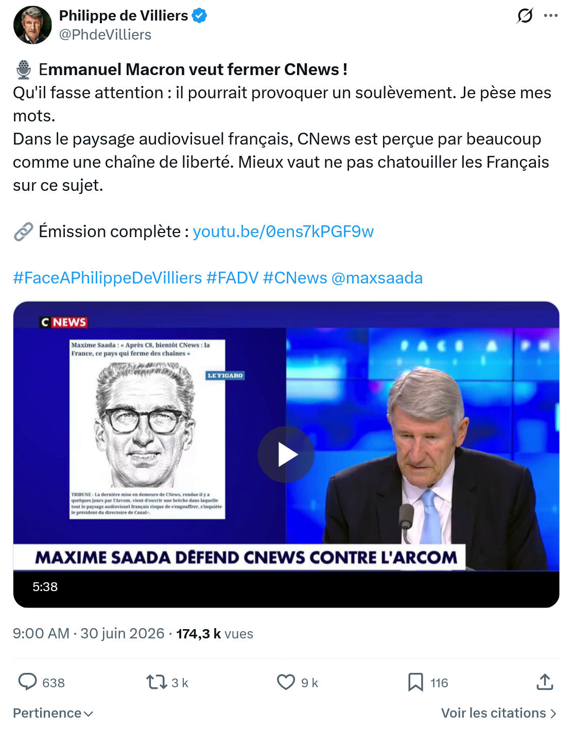 Philippe de Villiers: Emmanuel Macron veut fermer CNews...