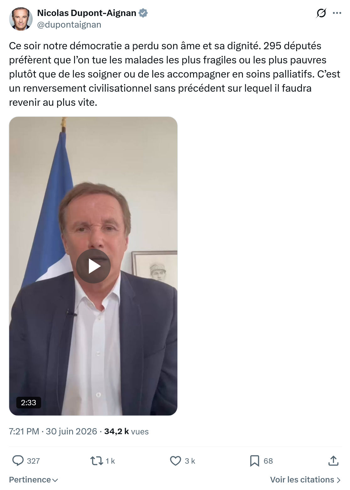 Nicolas Dupont-Aignan: Ce soir notre démocratie...