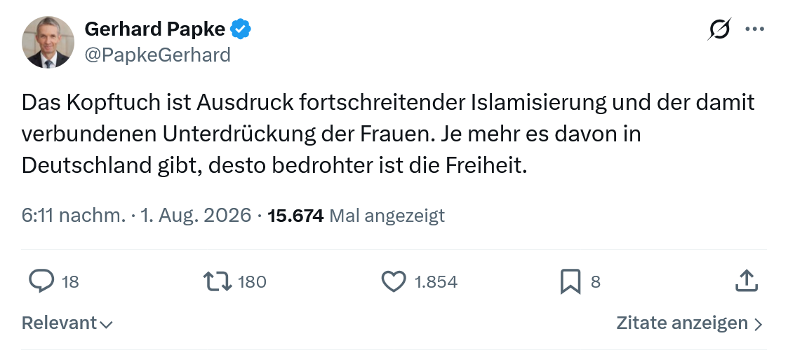 Gerhard Papke: Das Kopftuch ist Ausdruck fortschreitender...
