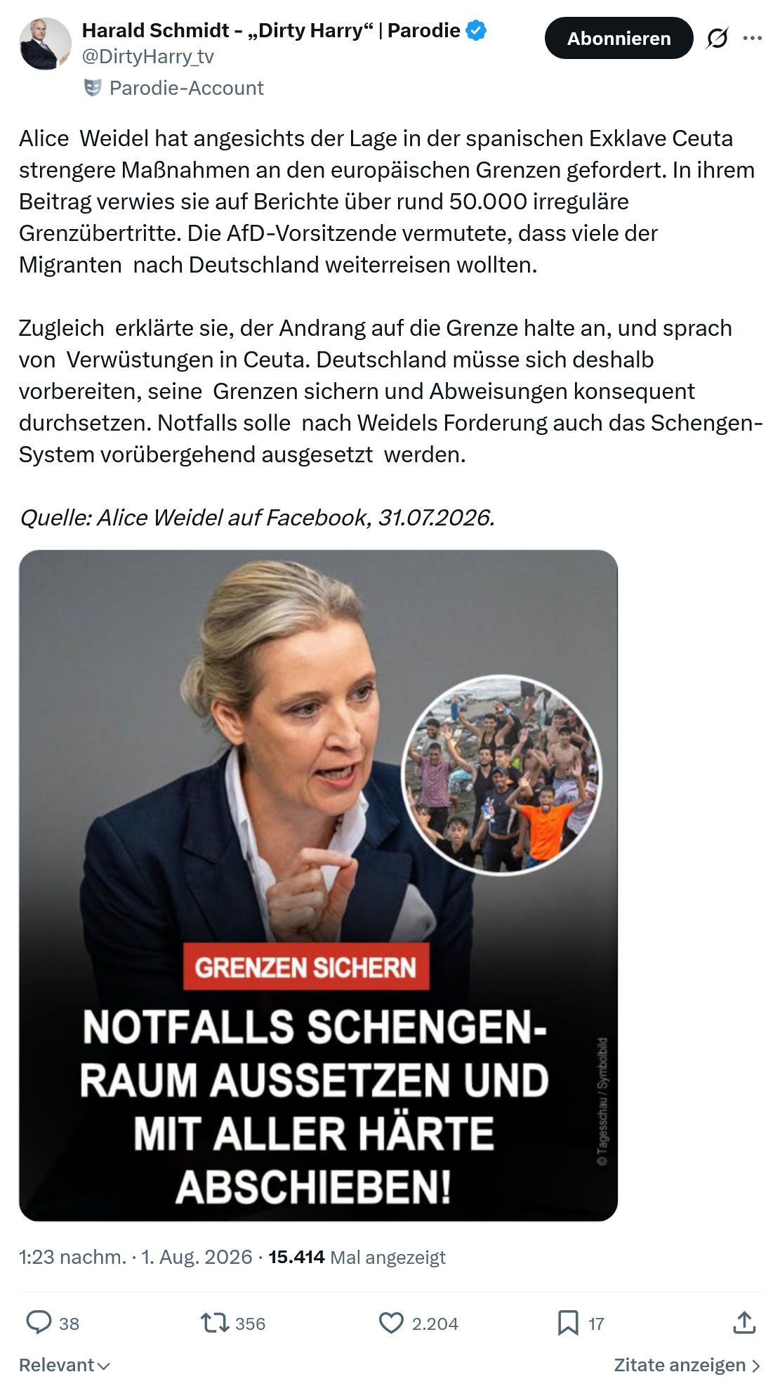 Harald Schmidt: Alice  Weidel hat angesichts der Lage...
