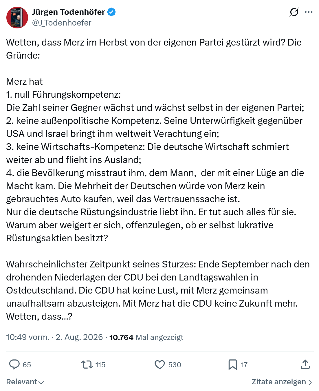 Jürgen Todenhöfer: Wetten, dass Merz im Herbst...
