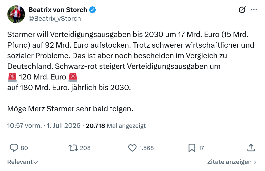 Beatrix von Storch: Starmer will Verteidigungsausgaben...