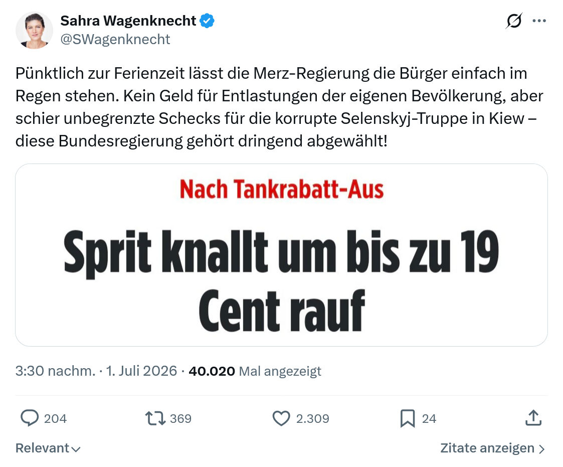 Sahra Wagenknecht: Pünktlich zur Ferienzeit lässt die Merz-Regierung...