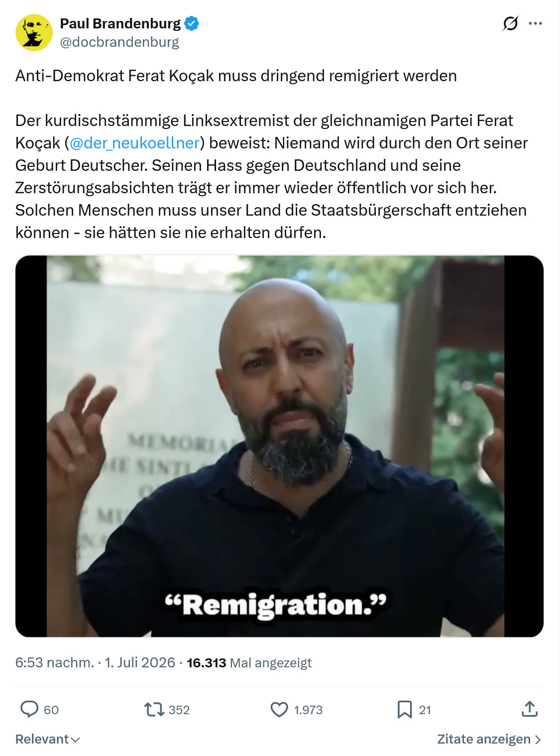 Paul Brandenburg: Anti-Demokrat Ferat Koçak...