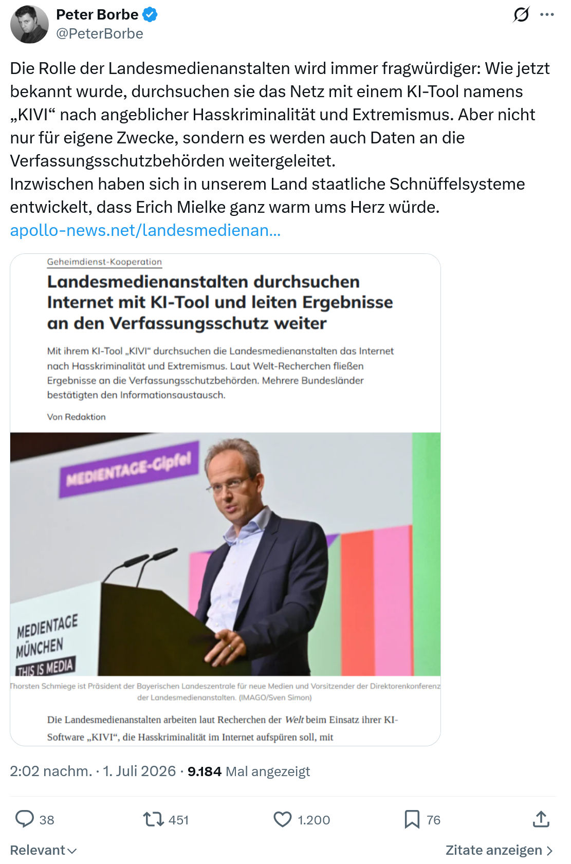 Peter Borbe: Die Rolle der Landesmedienanstalten wird immer fragwürdiger...