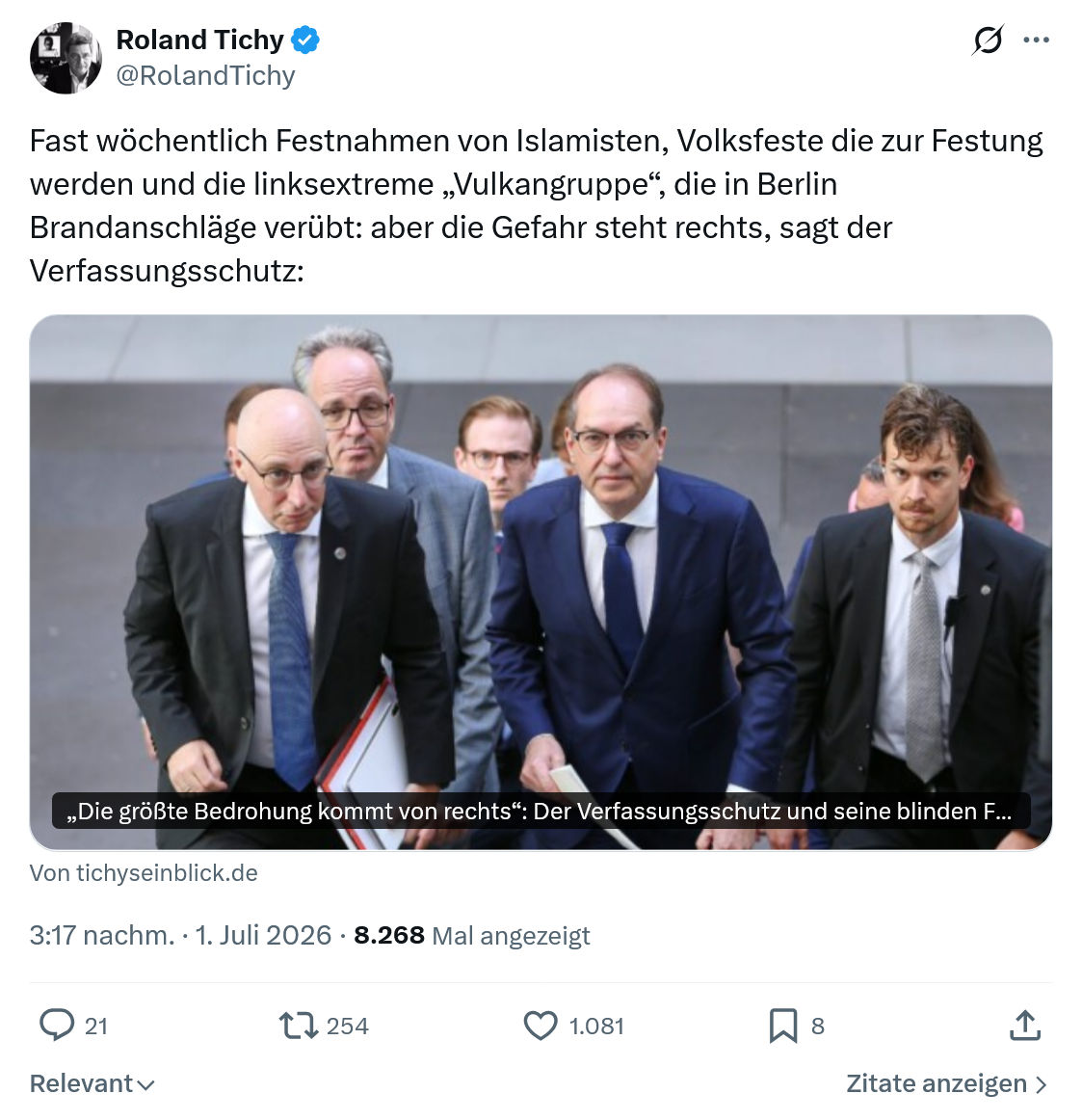 Roland Tichy: Fast wöchentlich Festnahmen von Islamisten...