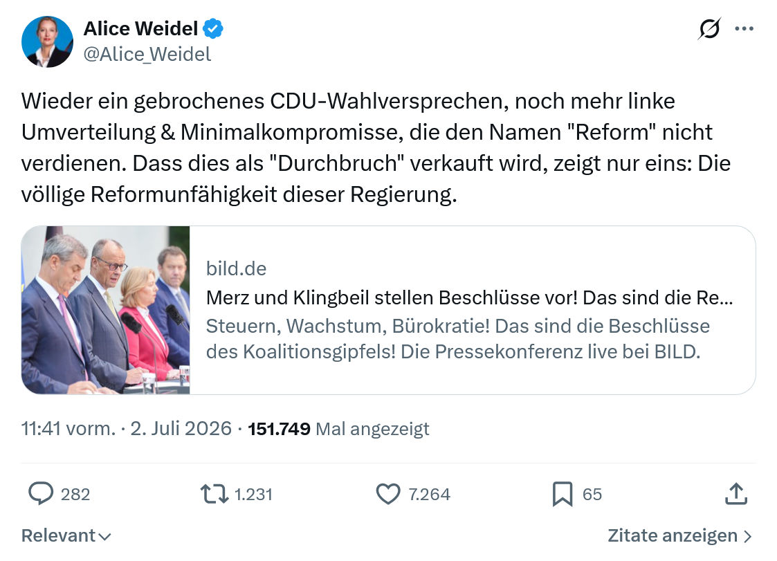 Alice Weidel: Wieder ein gebrochenes CDU-Wahlversprechen...