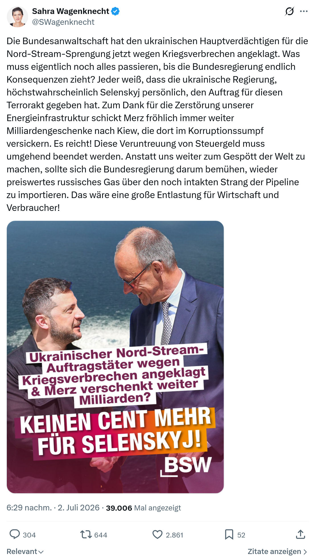 Sahra Wagenknecht: Die Bundesanwaltschaft hat den ukrainischen...