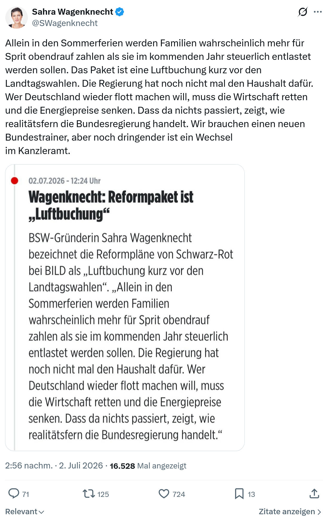 Sahra Wagenknecht: Allein in den Sommerferien werden...