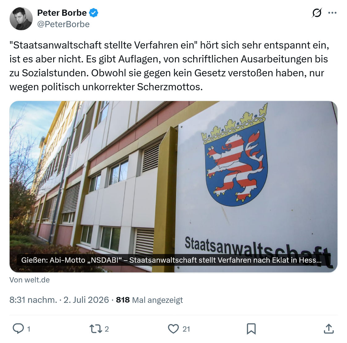 Peter Borbe: Staatsanwaltschaft stellte Verfahren ein...