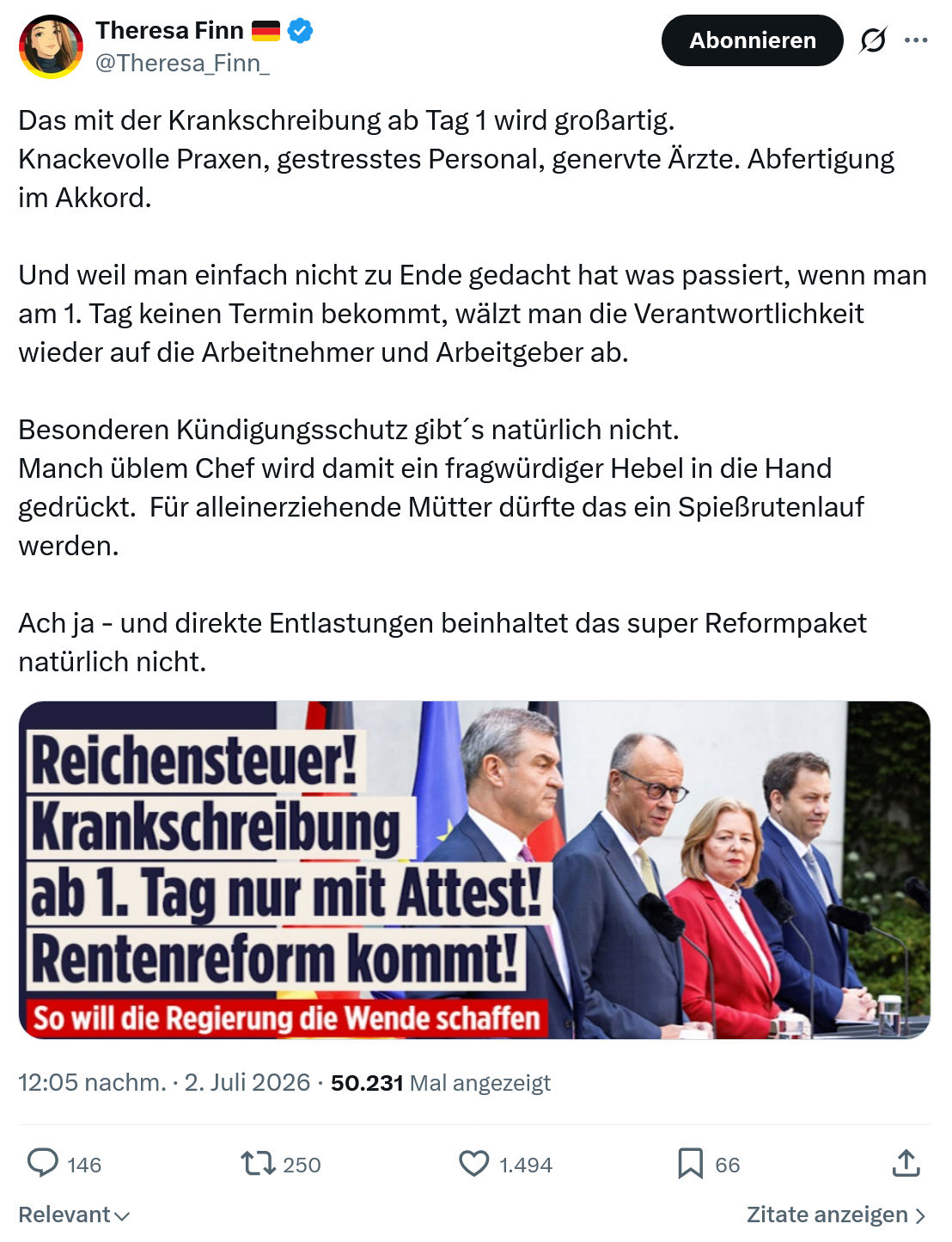 Theresa Finn: Das mit der Krankschreibung ab Tag 1 wird großartig...