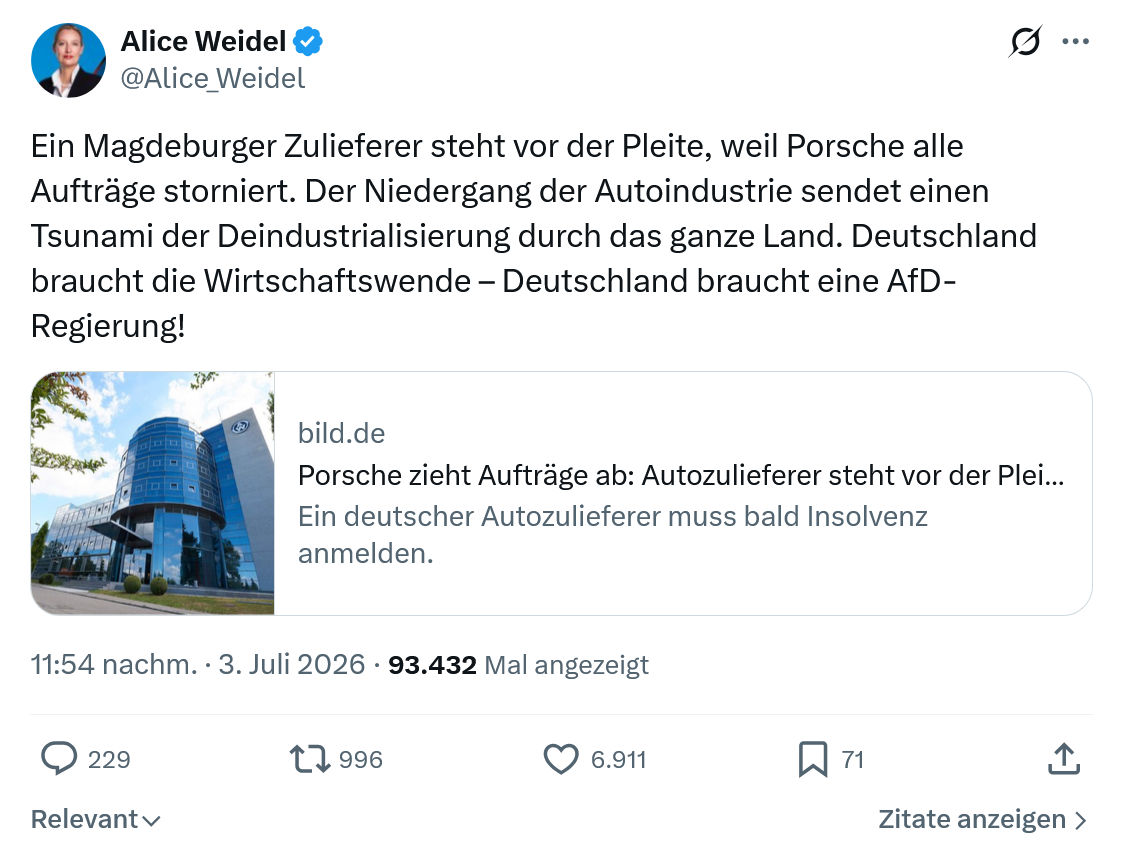 Alice Weidel: Ein Magdeburger Zulieferer steht vor der Pleite...
