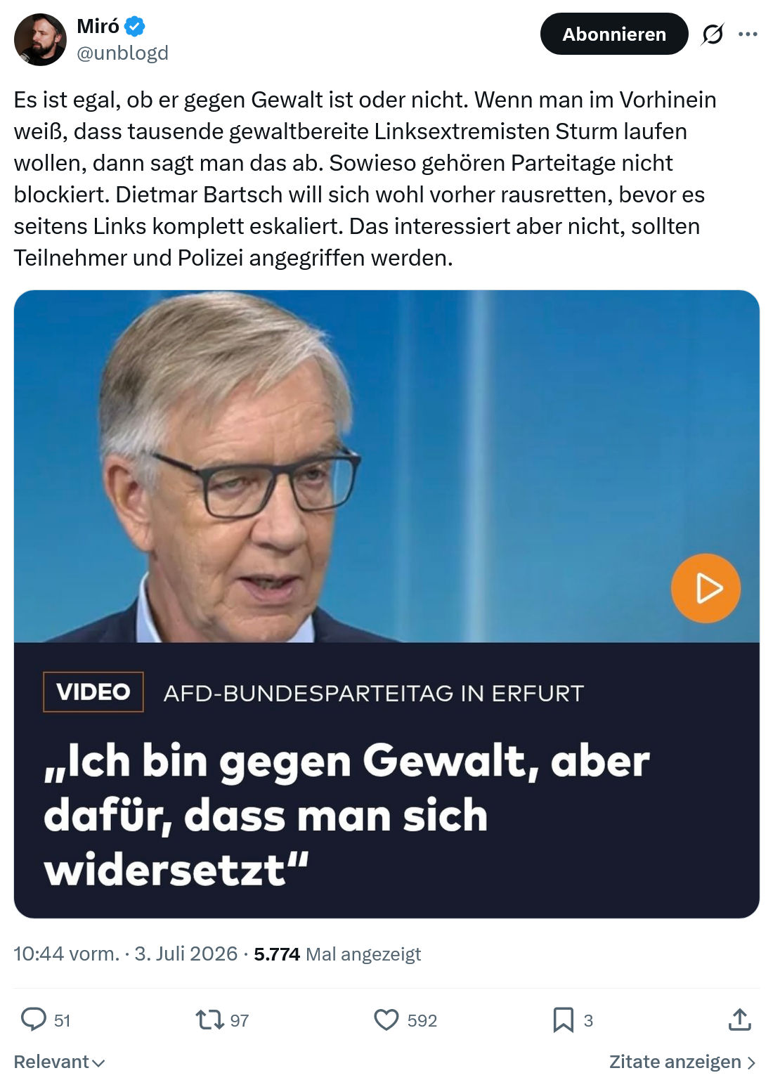 Miro Wolsfeld: Es ist egal, ob er gegen Gewalt...