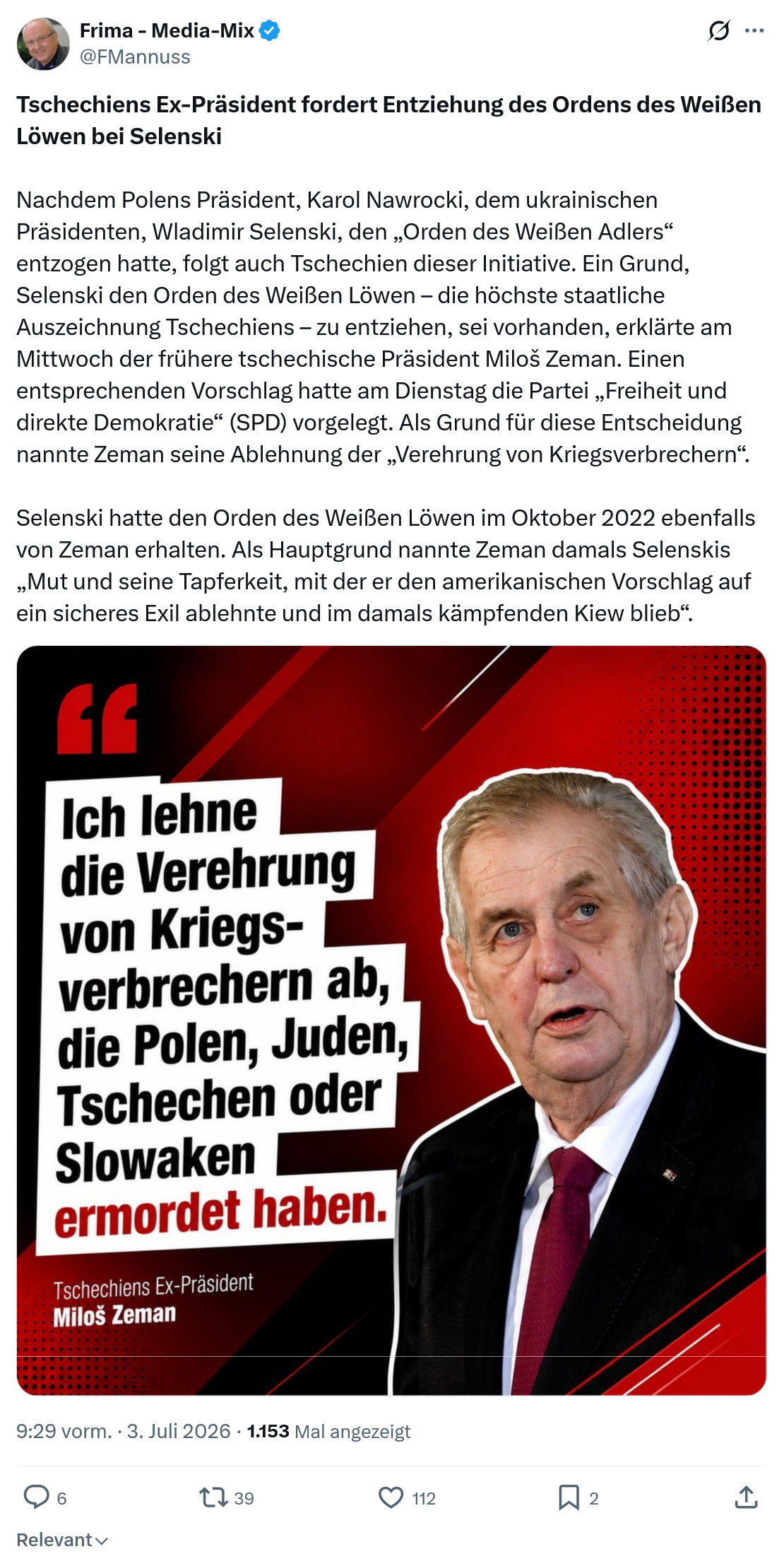 Friedrich Mannus: Tschechiens Ex-Präsident fordert...