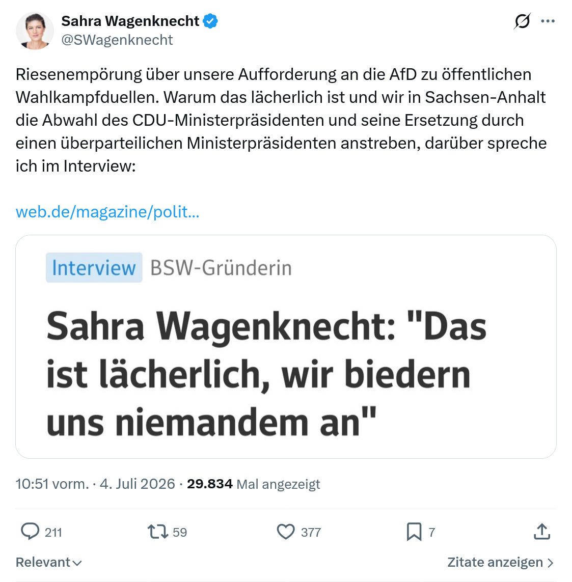Sahra Wagenknecht: Riesenempörung über unsere Aufforderung...