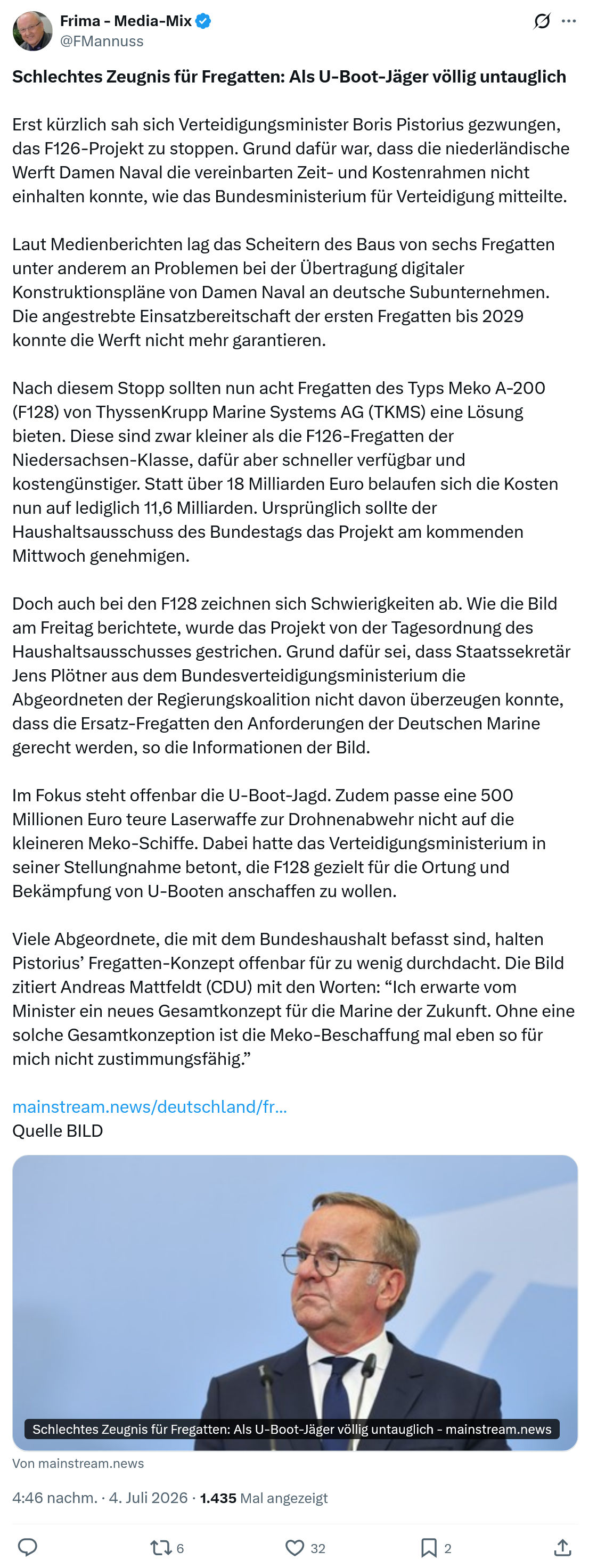 Friedrich Mannus: Schlechtes Zeugnis für Fregatten...
