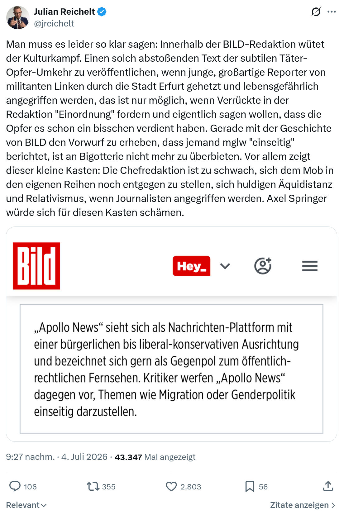 Julian Reichelt: Man muss es leider so klar sagen...