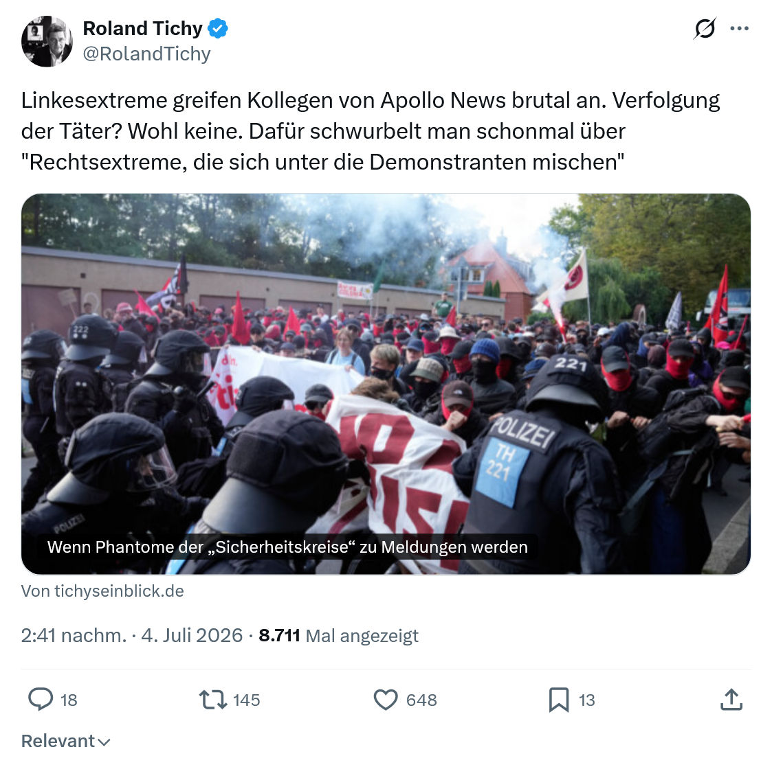 Roland Tichy: Linkesextreme greifen Kollegen...