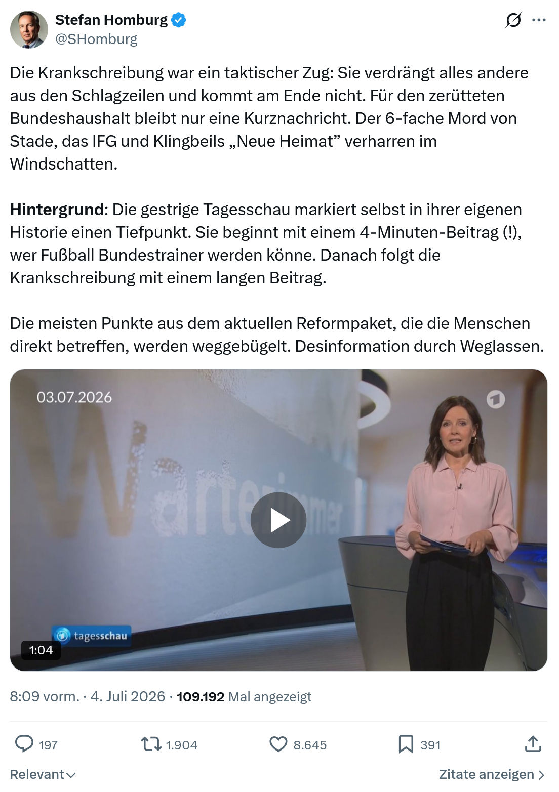 Stefan Homburg: Die Krankschreibung war ein taktischer Zug...