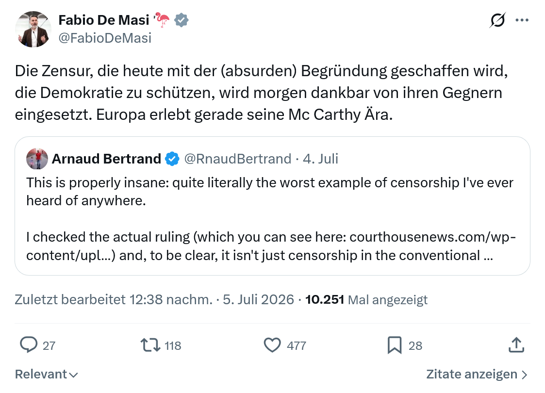 Fabio De Masi: Die Zensur, die heute mit...