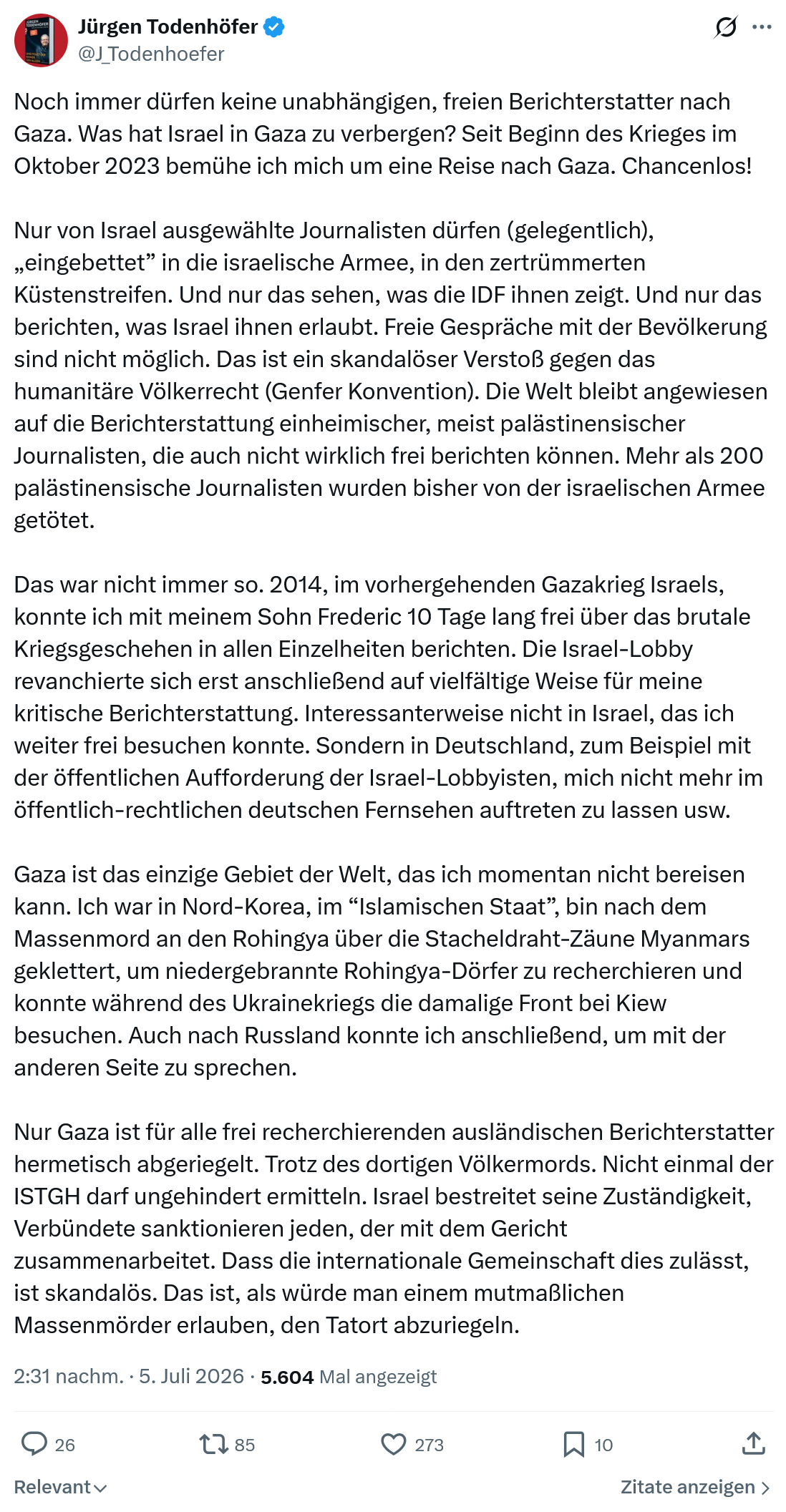 Jürgen Todenhöfer: Noch immer dürfen keine unabhängigen...